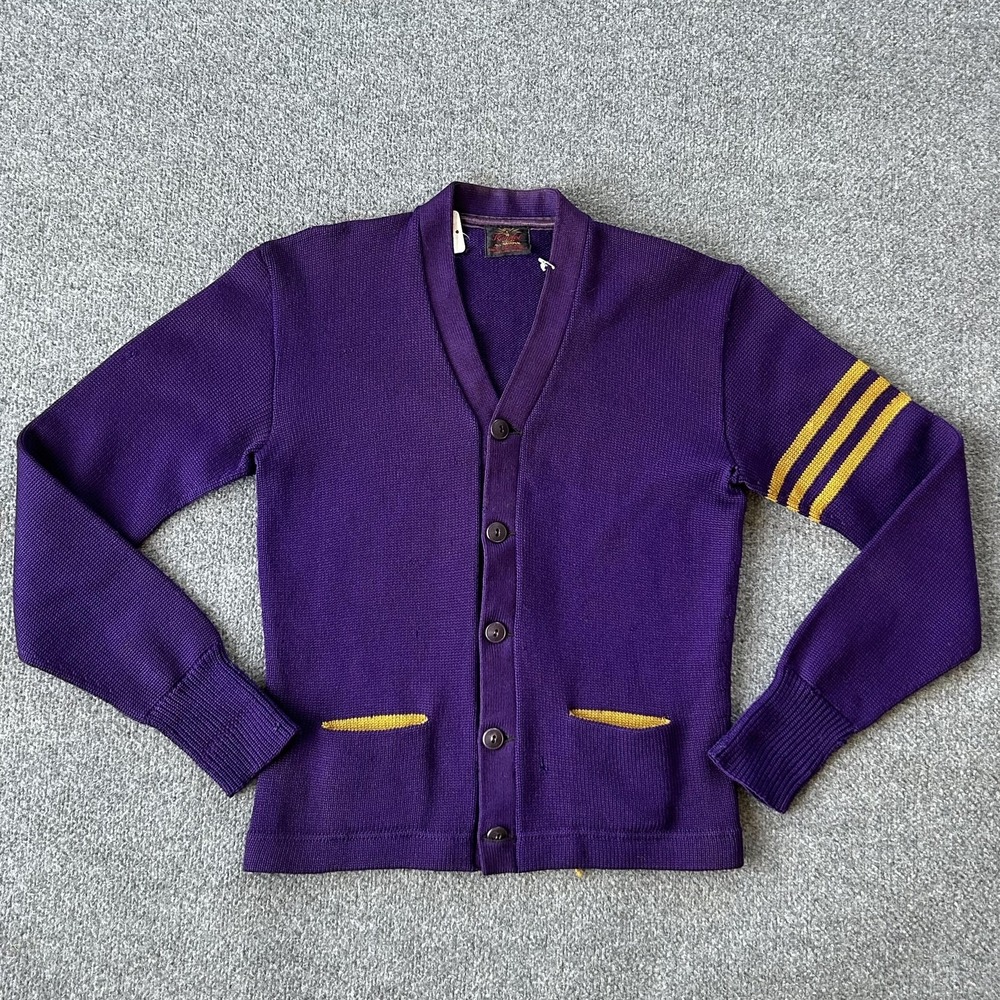 Vintage Kandel Sweater Mens Small Purple Wool‎ Varsity Stripe Cardigan USA